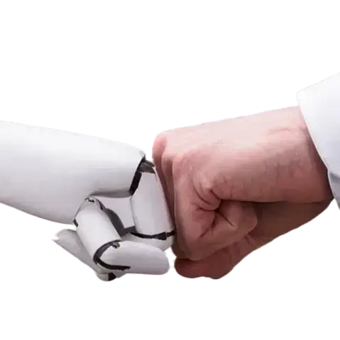Human hand and robotic hand engaged in a handshake, symbolizing collaboration between humans and machines.