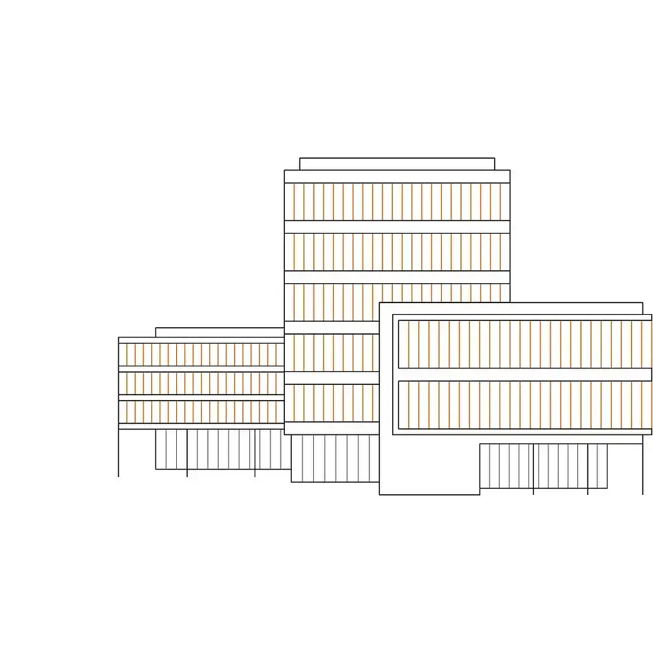 Line drawing of a modern architectural structure with multiple rectangular blocks of varying heights, featuring horizontal and vertical lines.
