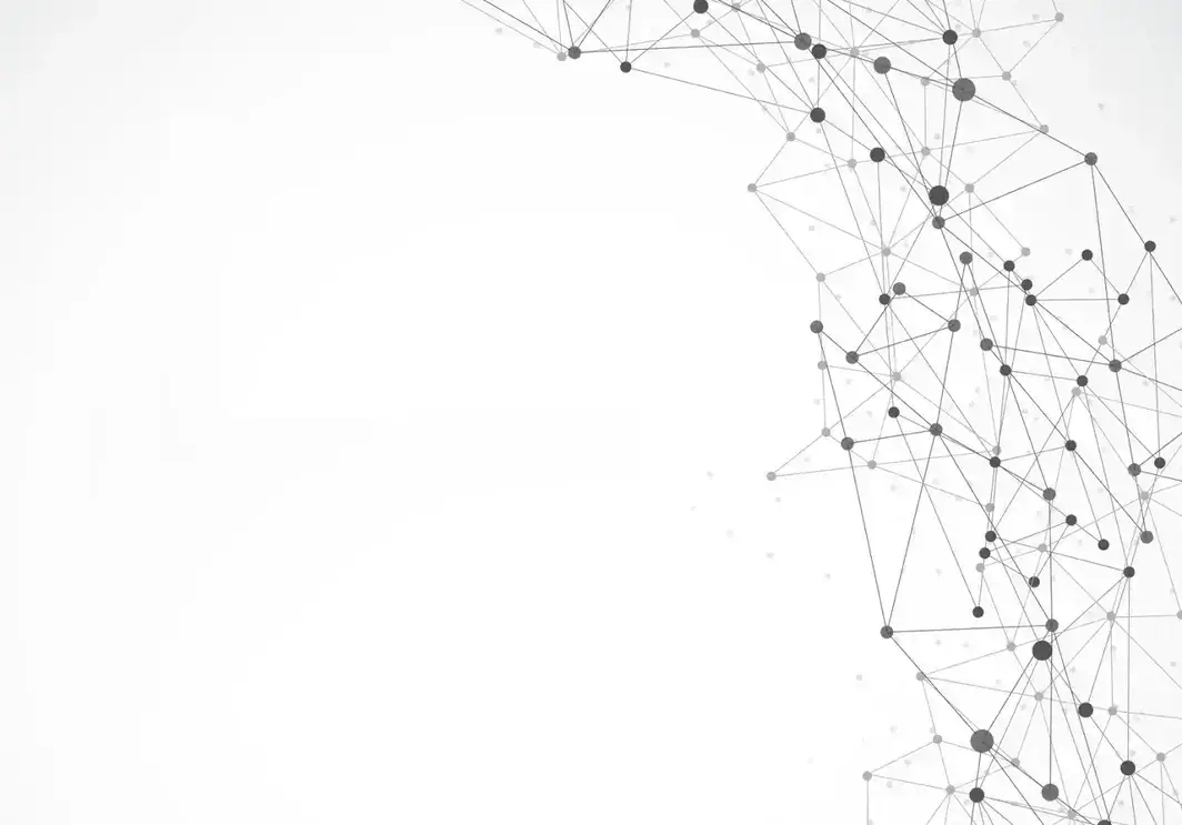 Geometric network of interconnected points forming a mesh-like structure on a white background.