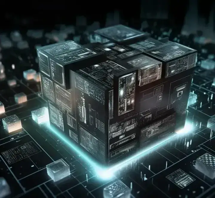 Futuristic 3D digital cube made of interconnected circuit boards and electronic components, glowing in a neon-lit grid of data blocks and network nodes, symbolizing advanced technology and data processing.