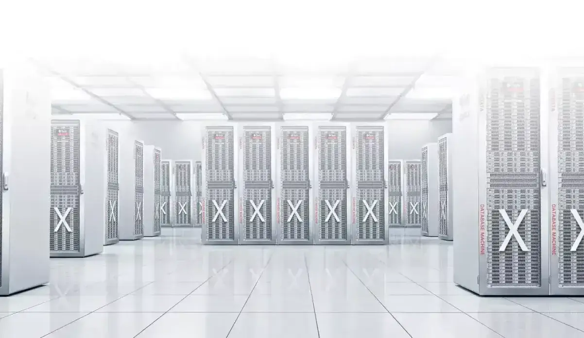 Modern data center with rows of server racks, LED indicators, and cabling, arranged symmetrically on a polished floor.